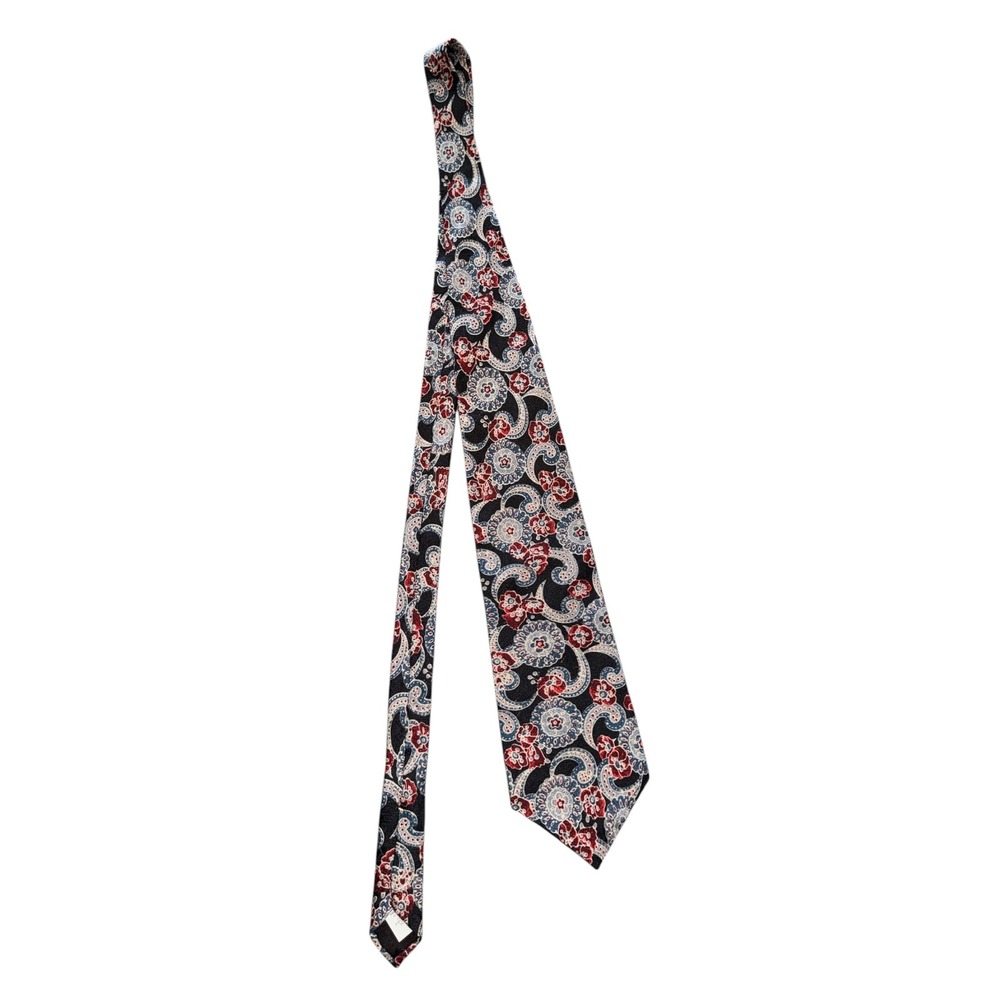 Oscar de la Renta Mens Silk Tie Navy Blue Burgundy Floral Paisley Made in USA